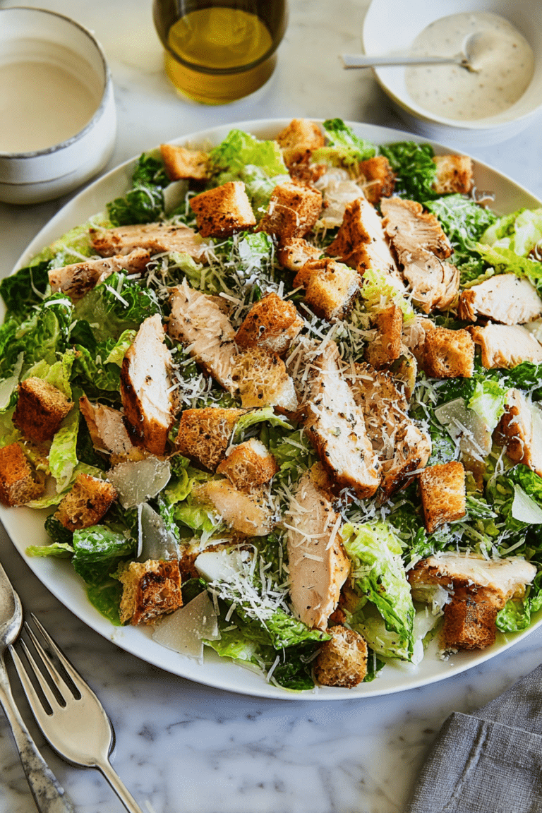 Close-up of a Chicken Caesar Salad with croutons and Parmesan cheese in a rustic bowl