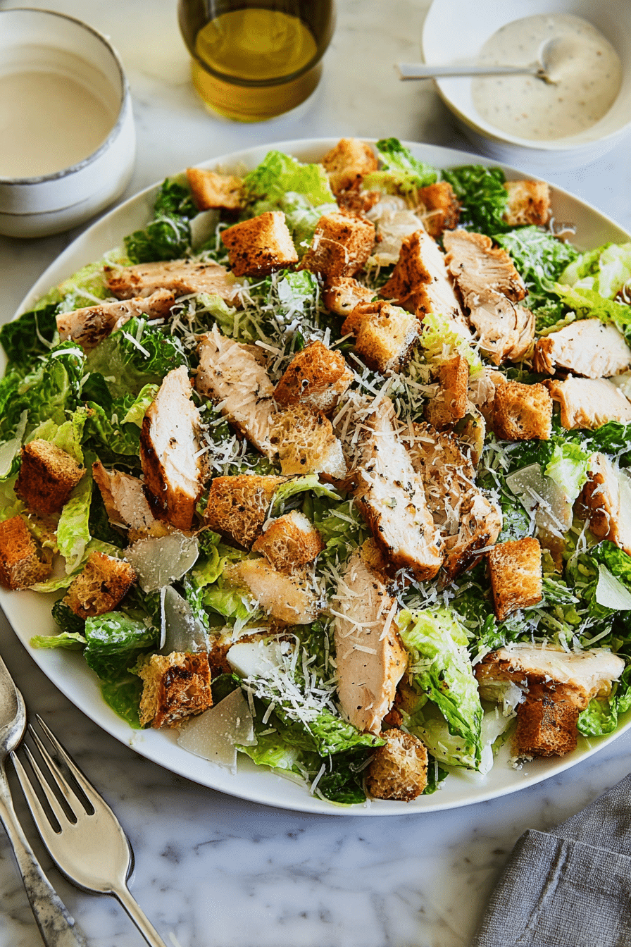 Close-up of a Chicken Caesar Salad with croutons and Parmesan cheese in a rustic bowl