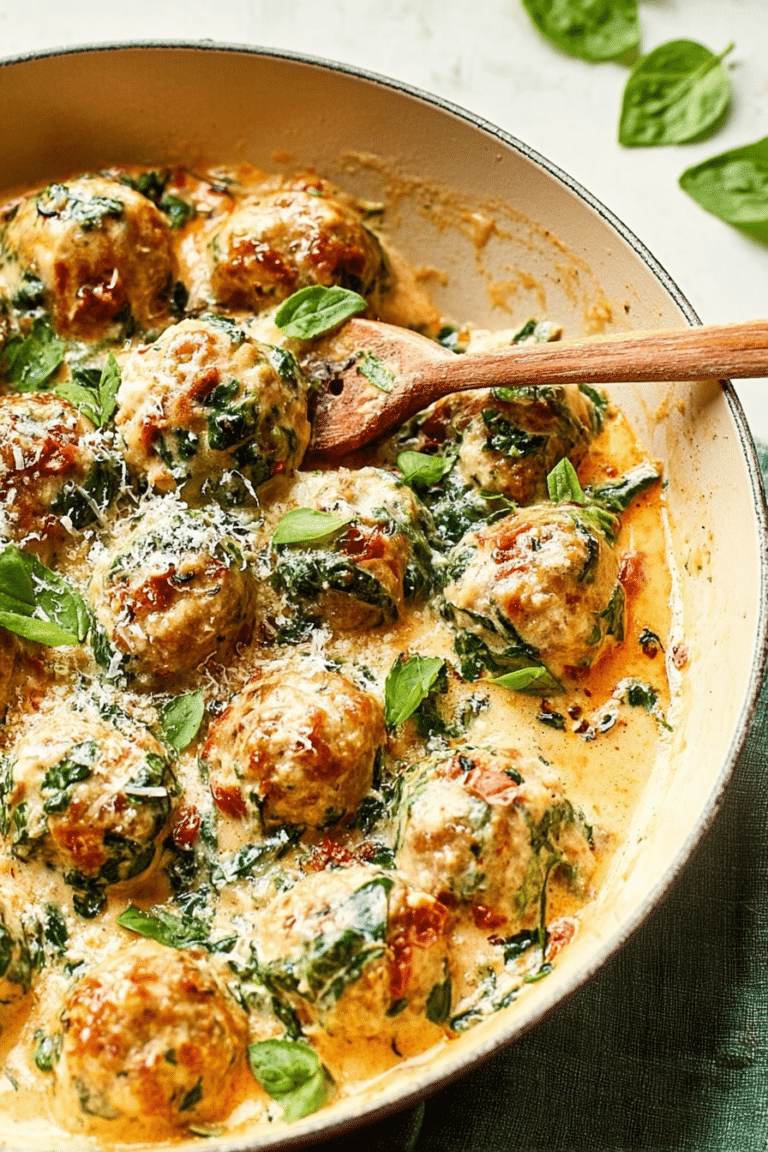 Close-up of flavorful chicken florentine meatballs in creamy sauce with fresh basil and lemon zest.