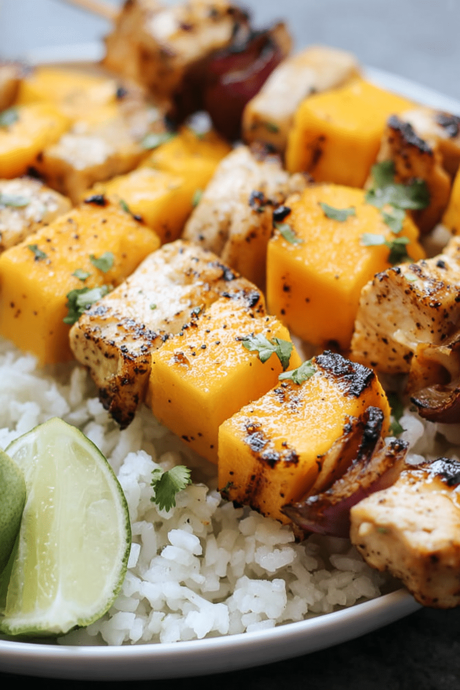 Grilled chili-lime mango chicken skewers served on a wooden platter with lime wedges and cilantro garnish.