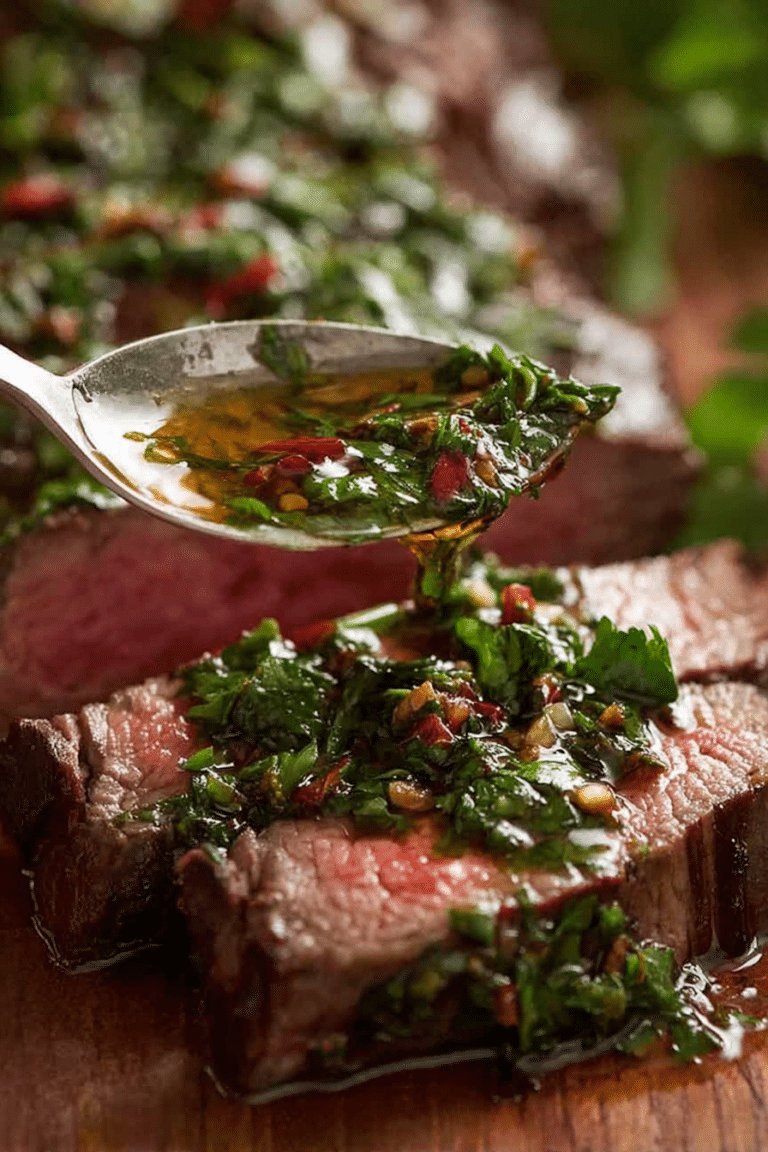 Grilled steak topped with homemade chimichurri sauce and garnished with parsley on a cutting board.
