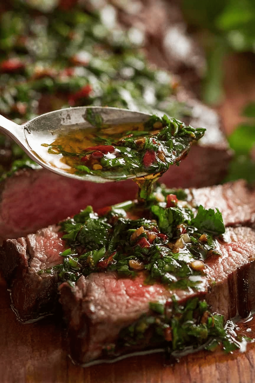 Grilled steak topped with homemade chimichurri sauce and garnished with parsley on a cutting board.