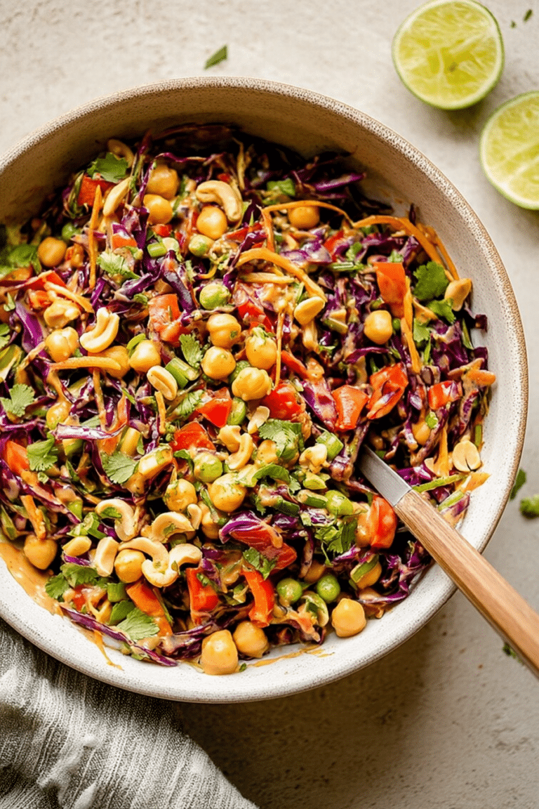 Chopped Thai-inspired chickpea salad with colorful vegetables, garnished with cilantro and cashews