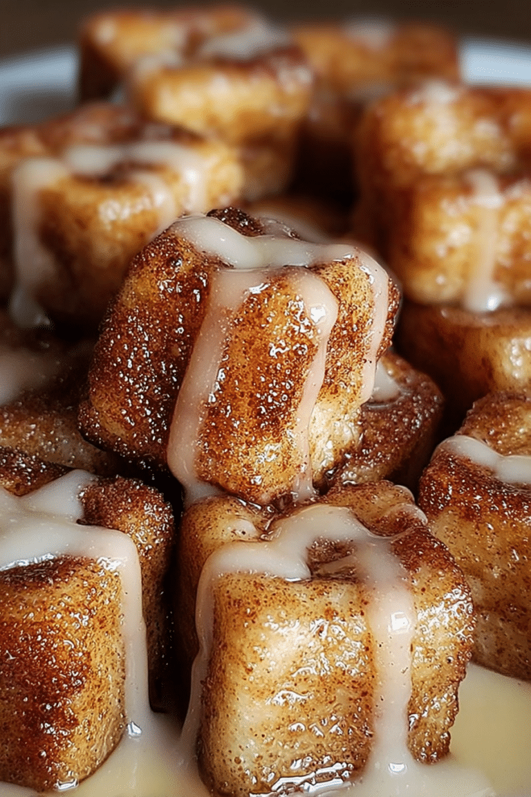 Golden-brown cinnamon roll French toast bites topped with powdered sugar, fresh blueberries, and drizzled with maple syrup on a white plate.