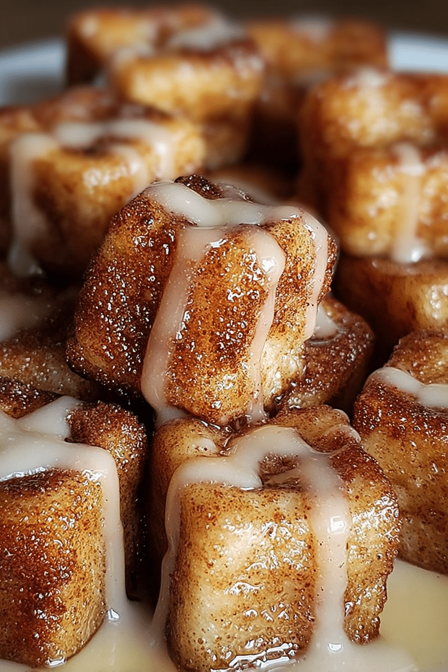 Golden-brown cinnamon roll French toast bites topped with powdered sugar, fresh blueberries, and drizzled with maple syrup on a white plate.