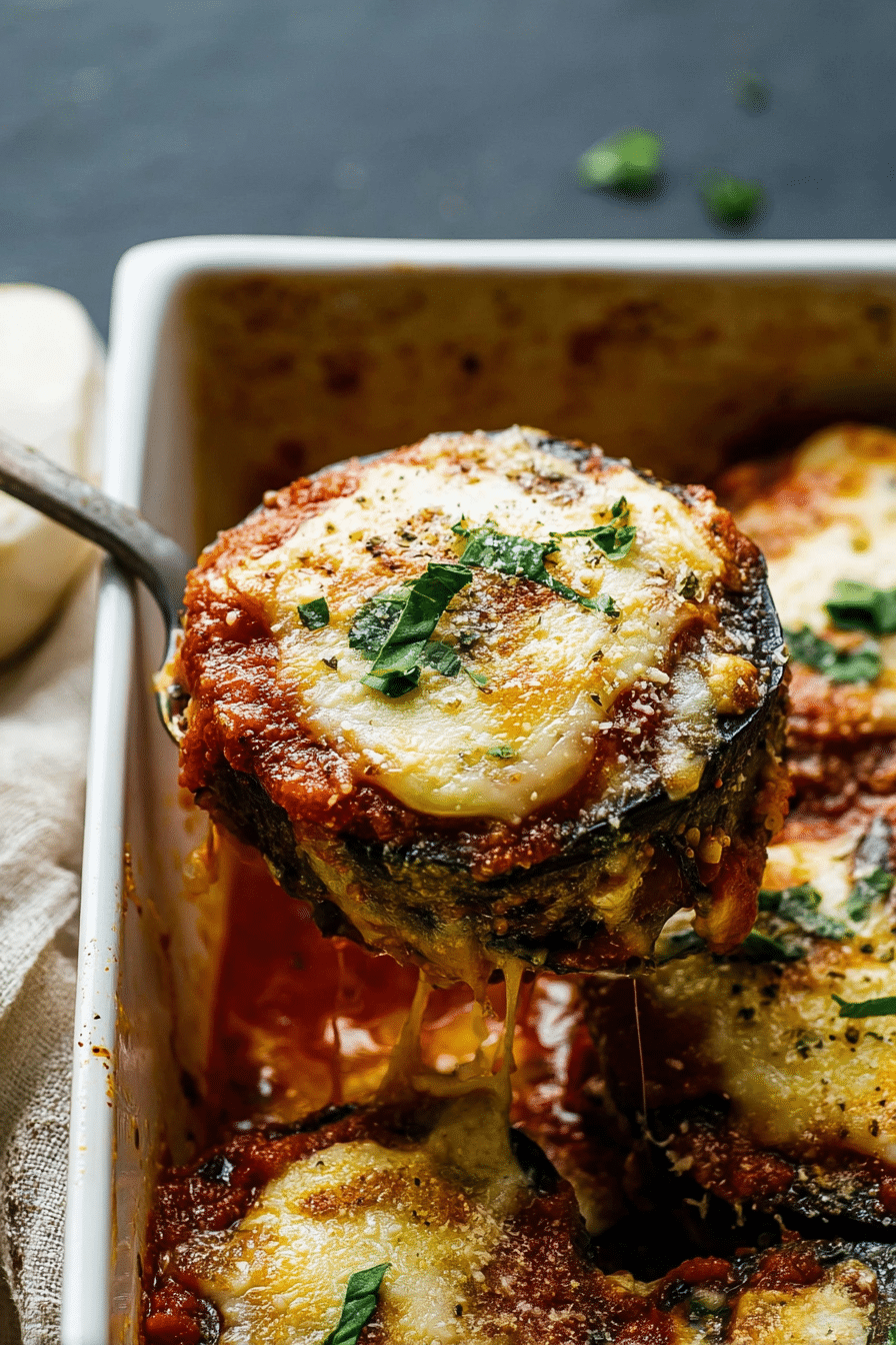 Classic eggplant parmesan with layers of breaded eggplant, melted cheese, and marinara sauce, garnished with fresh basil.