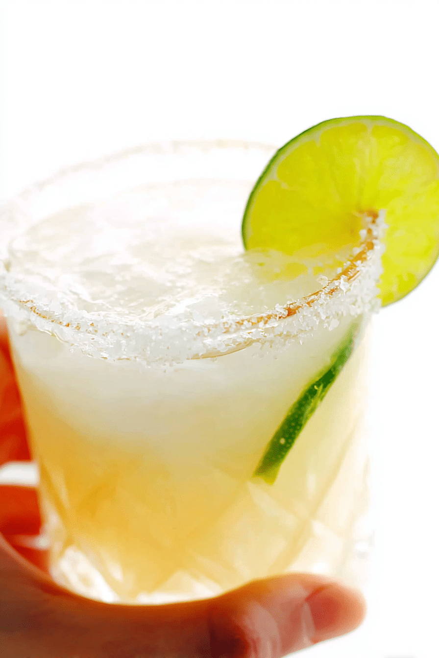 Classic margarita with salt rim and lime wedge on wooden table