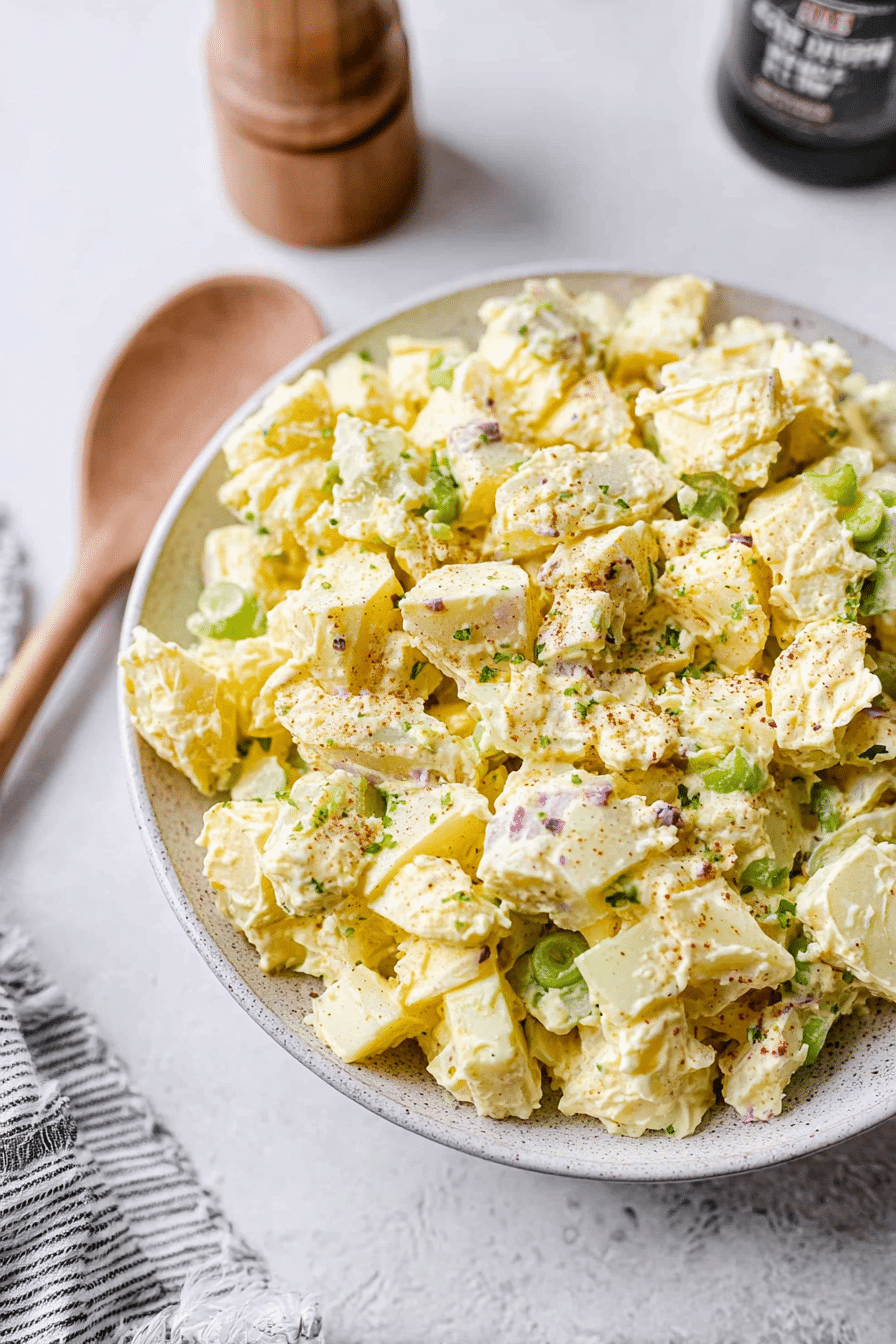Delicious classic potato salad in a bowl, garnished with parsley and paprika, on a wooden table.