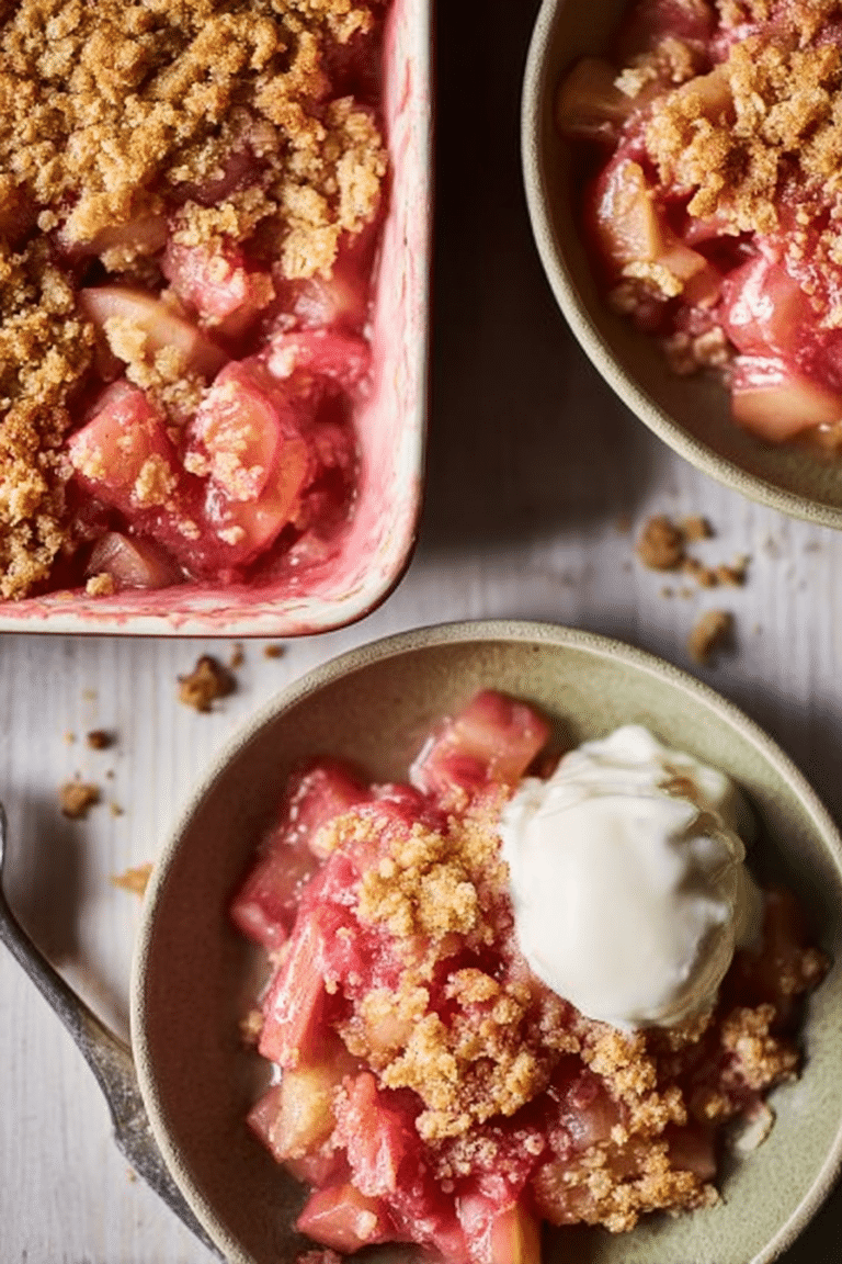 Classic rhubarb crisp served with vanilla ice cream and fresh rhubarb slices on top.