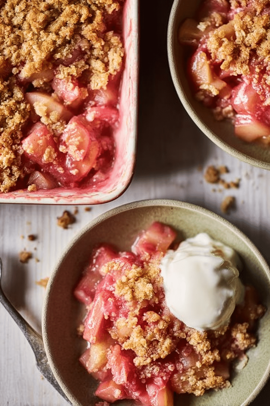 Classic rhubarb crisp served with vanilla ice cream and fresh rhubarb slices on top.