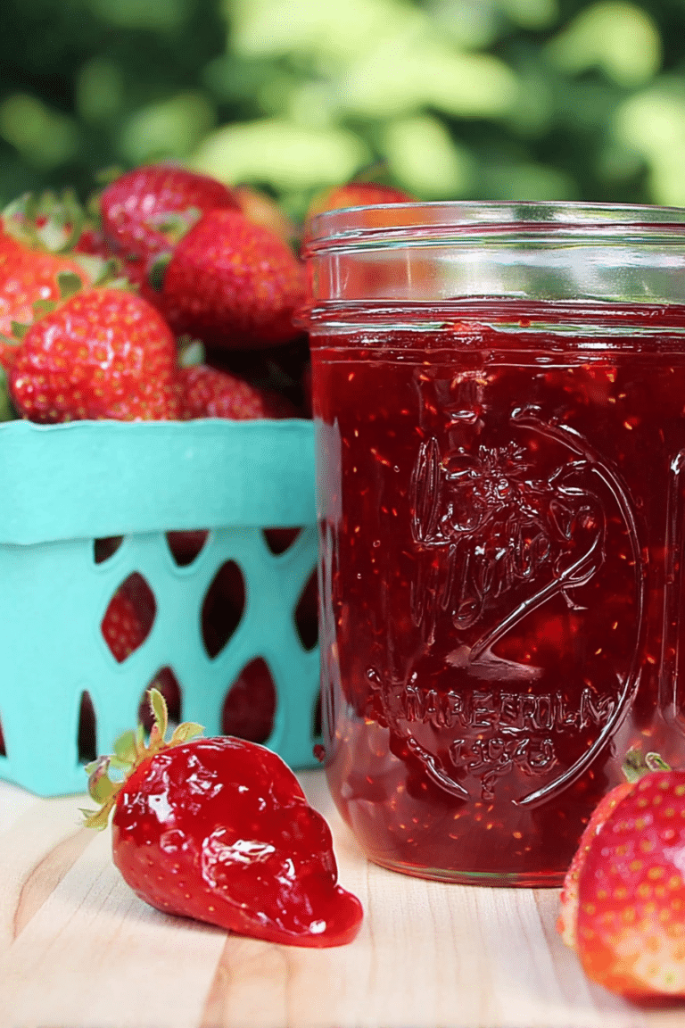 Jar of classic strawberry jam with fresh strawberries on a wooden table