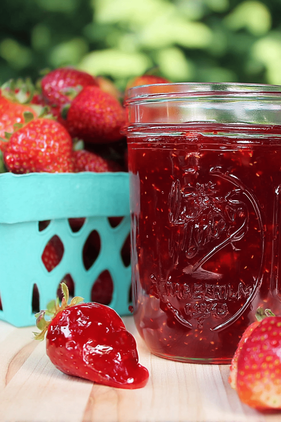 Jar of classic strawberry jam with fresh strawberries on a wooden table