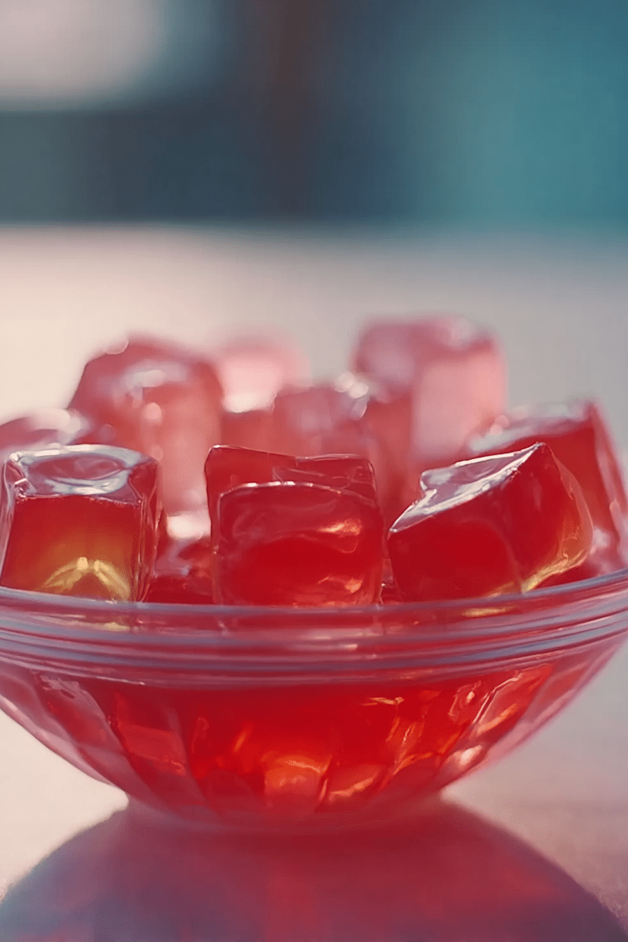 Colorful homemade jello in a bowl garnished with lemon slices and fresh herbs representing a healthy snack.