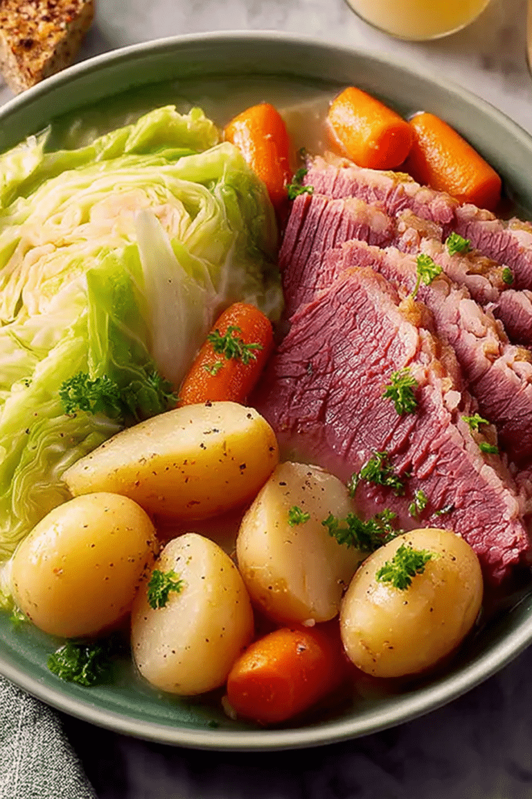 Delicious corned beef and cabbage dish served with fresh herbs, perfect for a family meal.