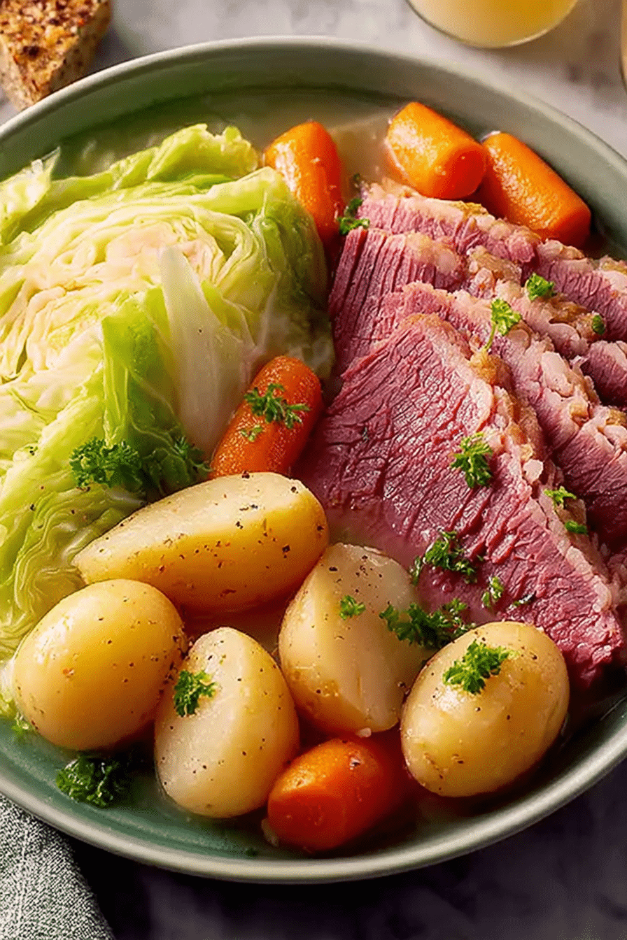 Delicious corned beef and cabbage dish served with fresh herbs, perfect for a family meal.
