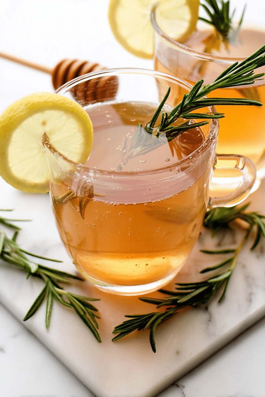 Cozy rosemary tea served in a mug with fresh rosemary sprigs and honey, perfect for a warm drink.