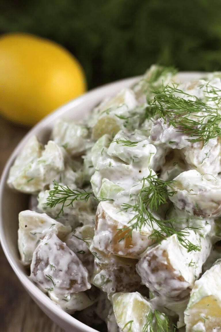 Creamy dill potato salad in a bowl with fresh dill and potatoes on a rustic wooden table