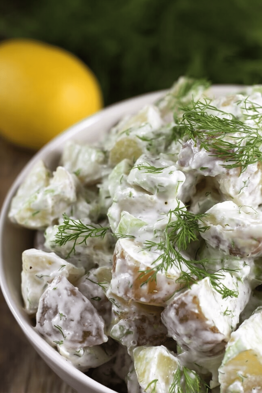 Creamy dill potato salad in a bowl with fresh dill and potatoes on a rustic wooden table