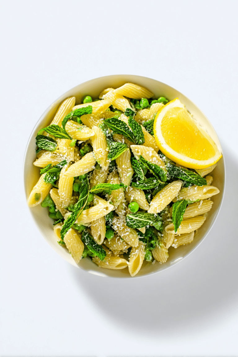 Creamy one-pot pasta with peas and mint in a white bowl, topped with mint and Parmesan on a wooden table.