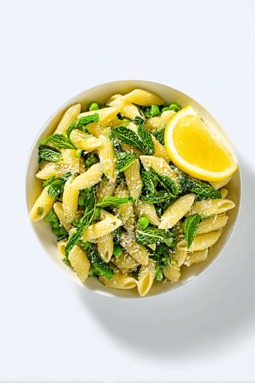 Creamy one-pot pasta with peas and mint in a white bowl, topped with mint and Parmesan on a wooden table.