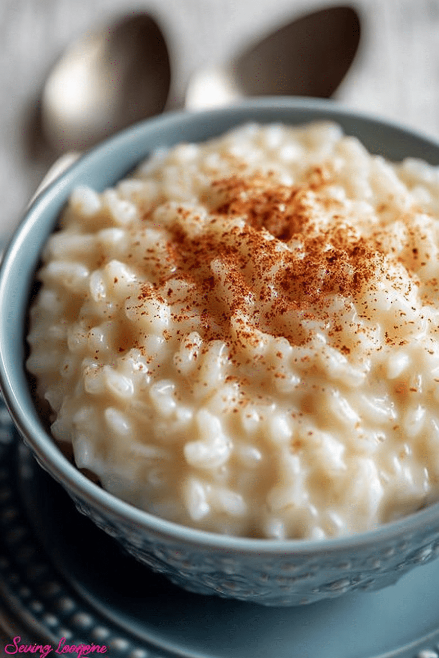 Close-up of creamy rice pudding garnished with cinnamon in a decorative bowl