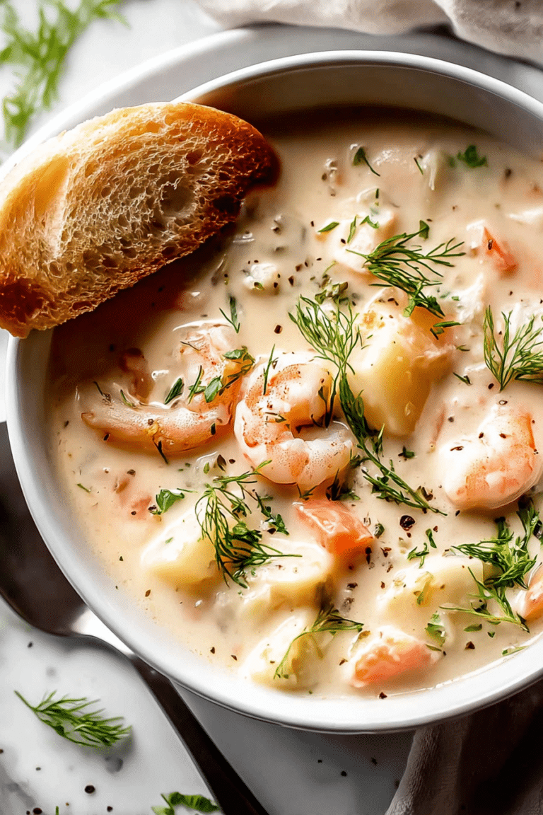 Delicious creamy seafood chowder with shrimp, salmon, and crisp bacon, beautifully garnished with fresh parsley on a rustic table.