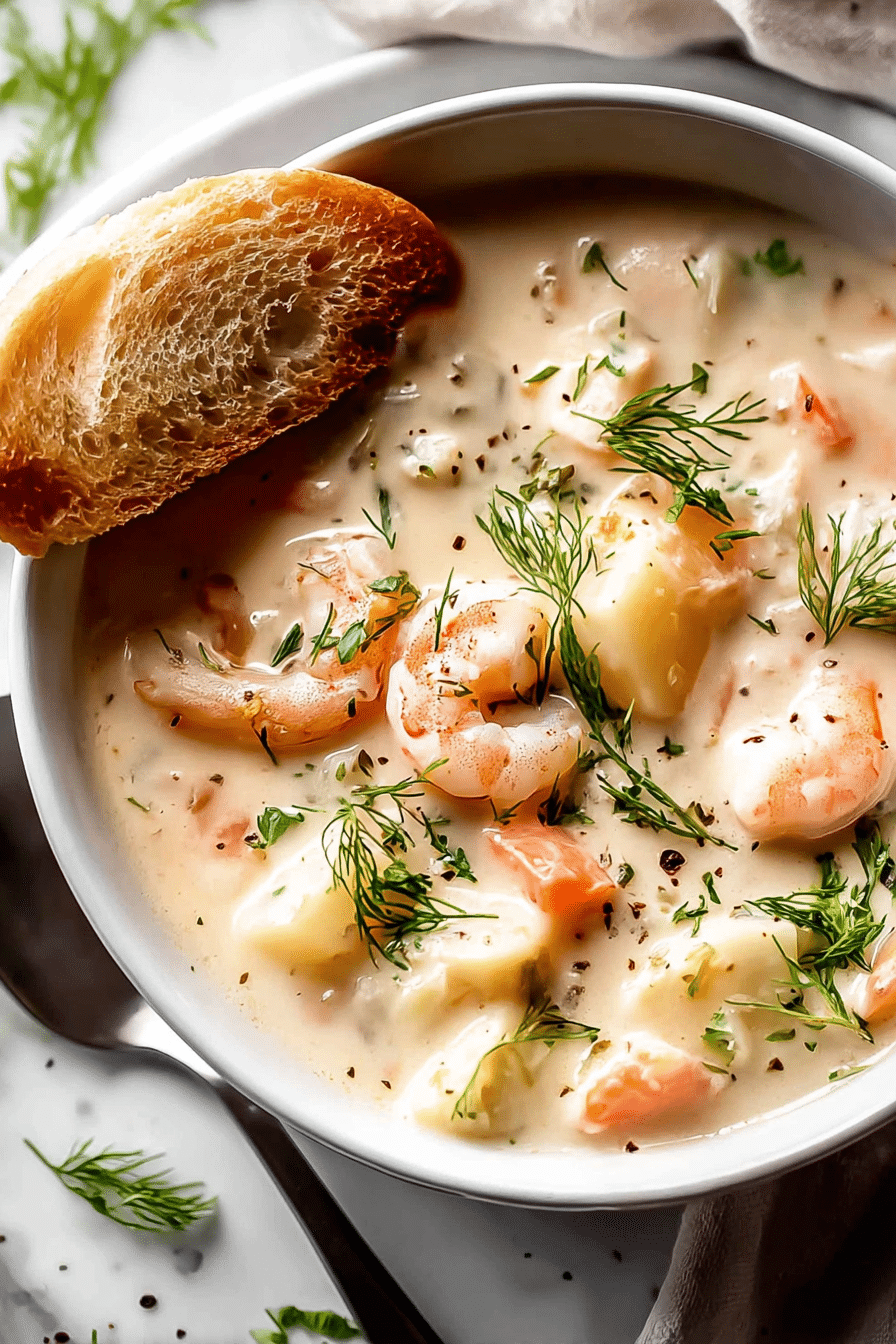 Delicious creamy seafood chowder with shrimp, salmon, and crisp bacon, beautifully garnished with fresh parsley on a rustic table.