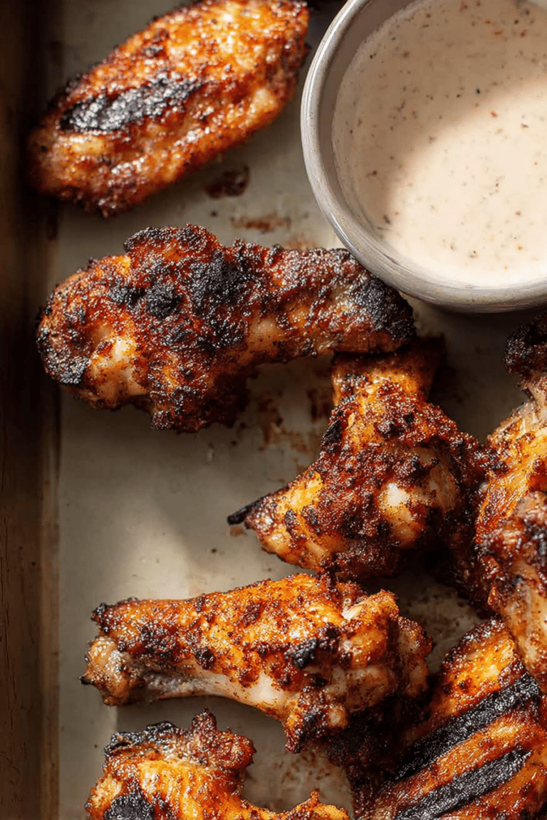 Crispy grilled chicken wings served on a wooden board with herbs.