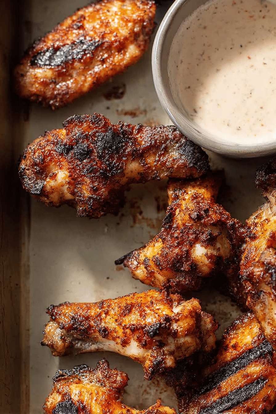 Crispy grilled chicken wings served on a wooden board with herbs.