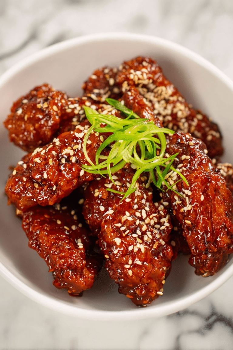 Crispy Korean Gochujang honey wings garnished with sesame seeds and green onions on a wooden platter.
