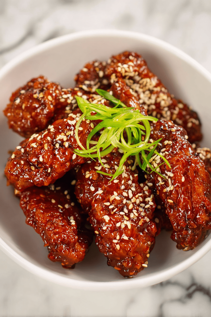Crispy Korean Gochujang honey wings garnished with sesame seeds and green onions on a wooden platter.