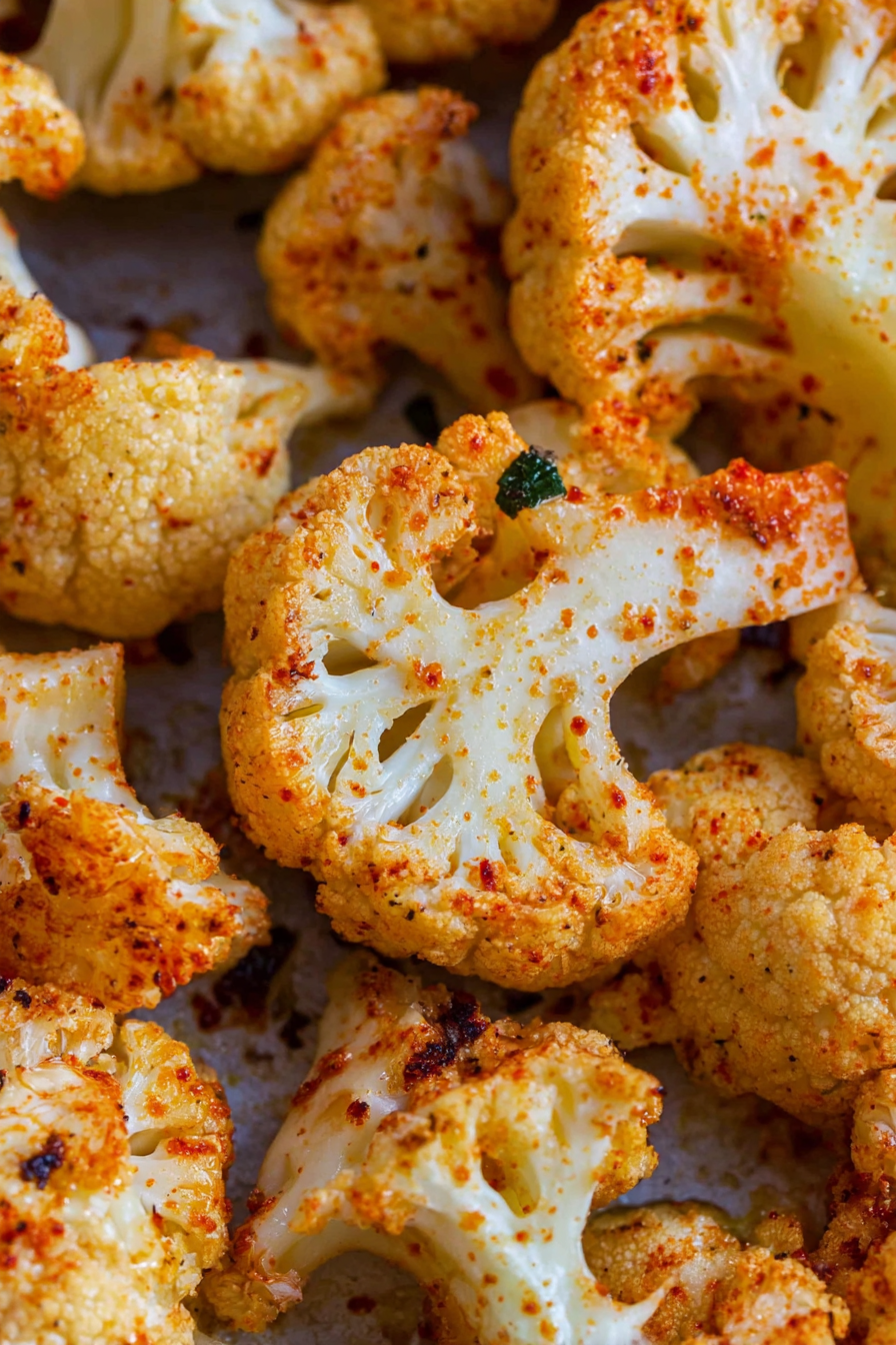 Close-up of crispy oven roasted cauliflower florets in a bowl, seasoned with garlic and spices.