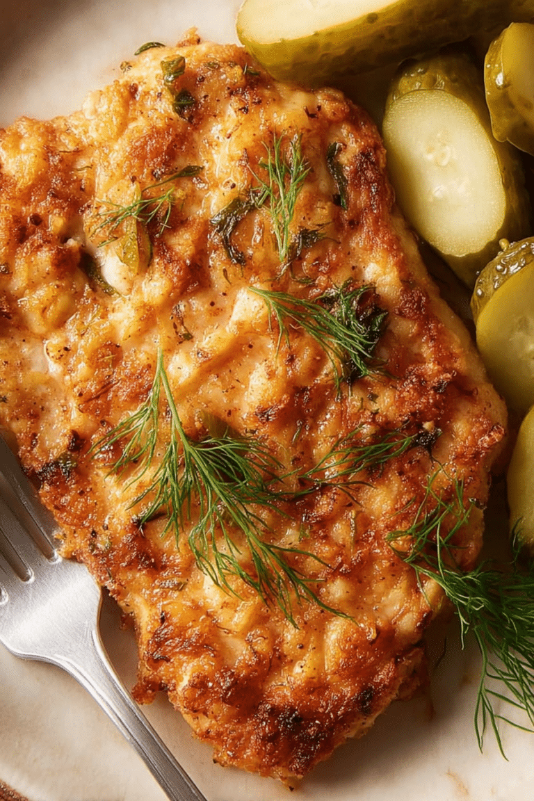 Crispy pickle-brined chicken served with herbs and pickles on a wooden platter.