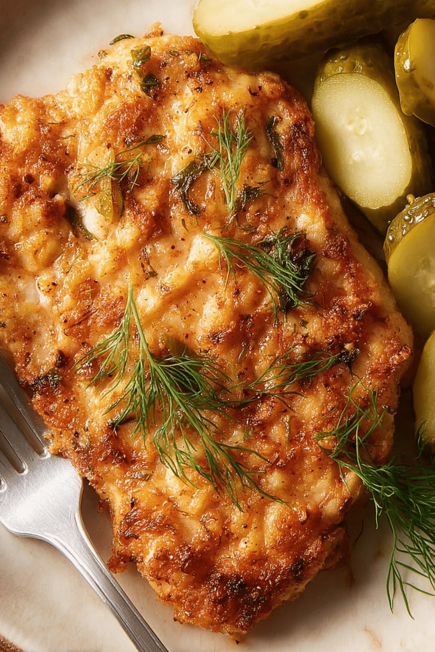 Crispy pickle-brined chicken served with herbs and pickles on a wooden platter.