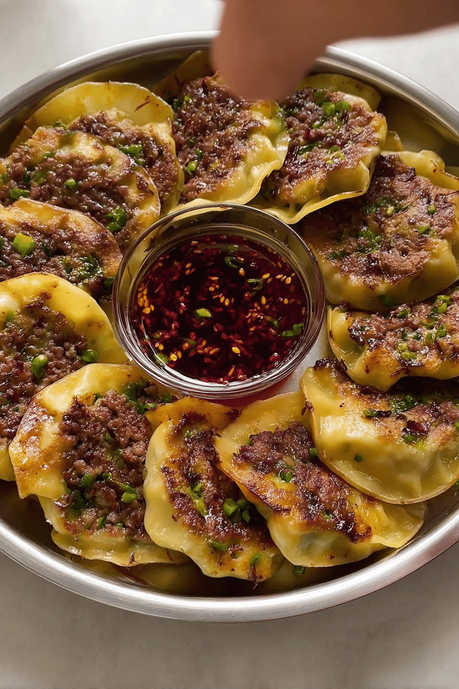 Deliciously crispy smashed gyozas with scallions and dipping sauce on a plate.