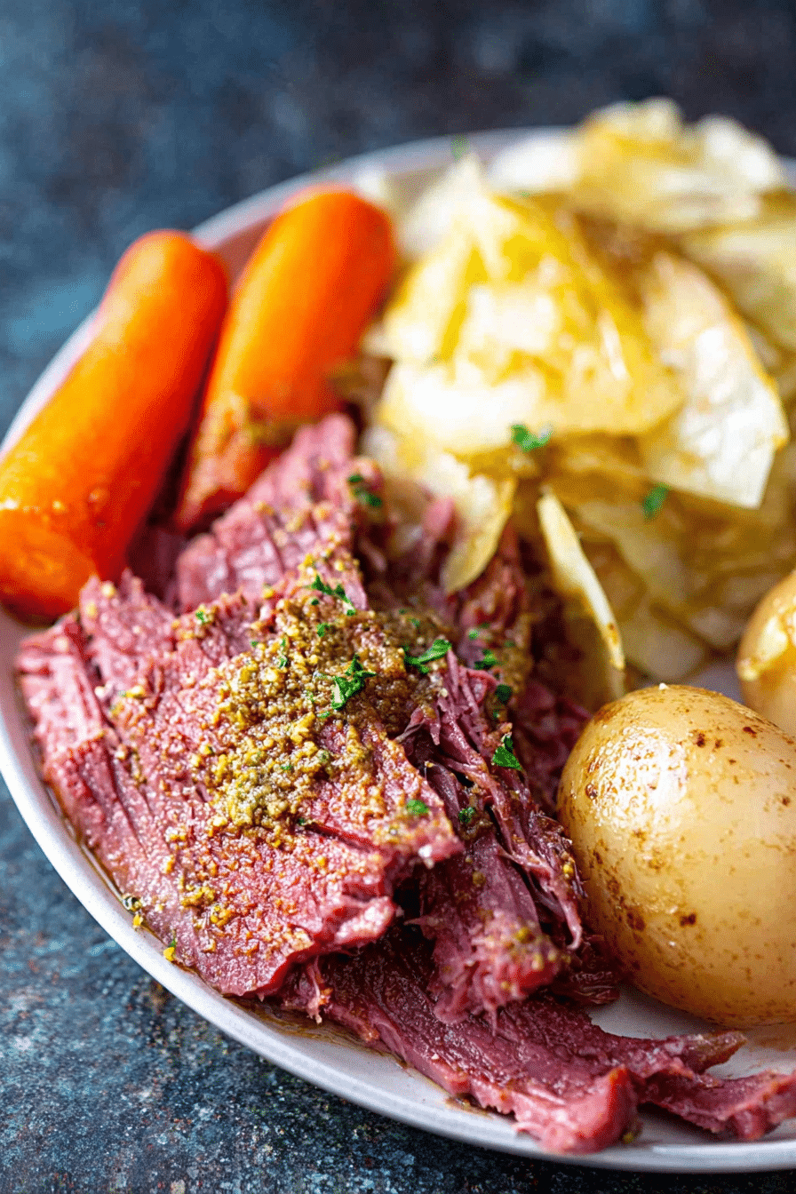 Sliced corned beef served with cabbage, carrots, and red potatoes on a plate for St. Patrick's Day.