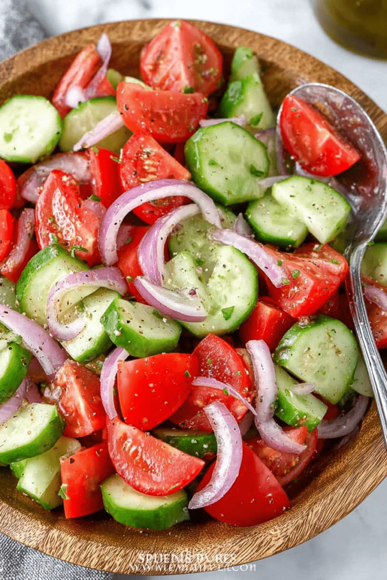 Fresh cucumber tomato salad in a bowl, featuring sliced cucumbers, diced tomatoes, and herbs.