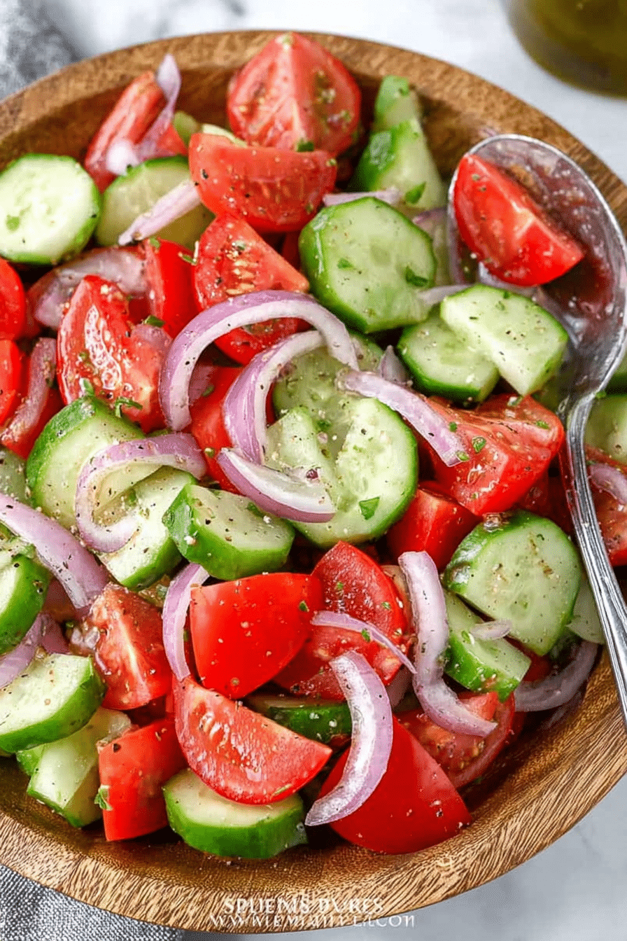 Fresh cucumber tomato salad in a bowl, featuring sliced cucumbers, diced tomatoes, and herbs.