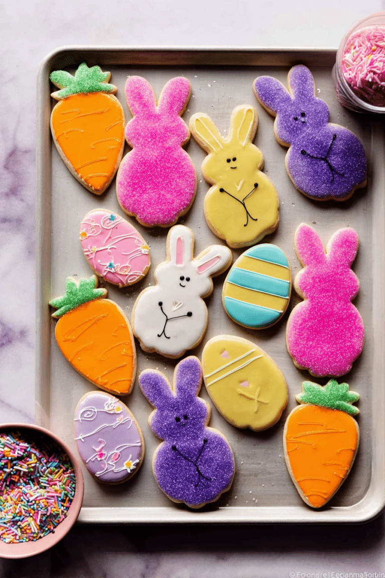 Colorful decorated Easter cookies arranged on a colorful platter, featuring pastel eggs, bunny shapes, and carrot designs.