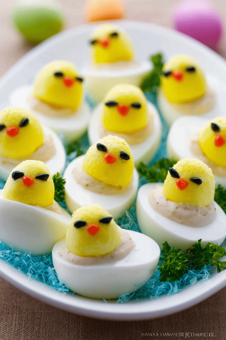Close-up of cute deviled egg chicks decorated for Easter, displayed on a festive platter.