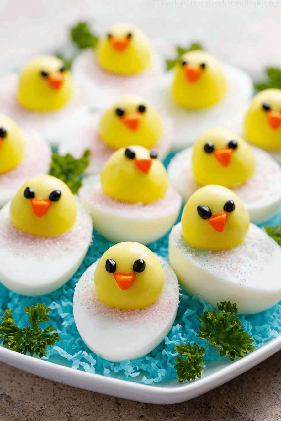 Close-up of adorable deviled egg chicks for Easter, garnished with parsley on a decorative platter.