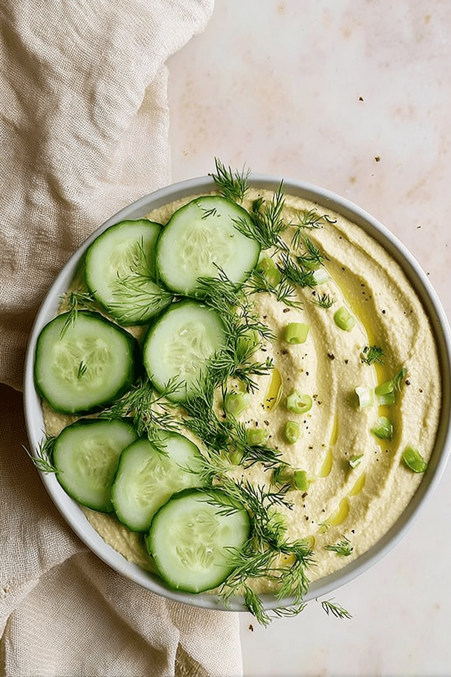 Bowl of creamy dill pickle hummus garnished with dill and pickles, served with fresh veggies and pita chips