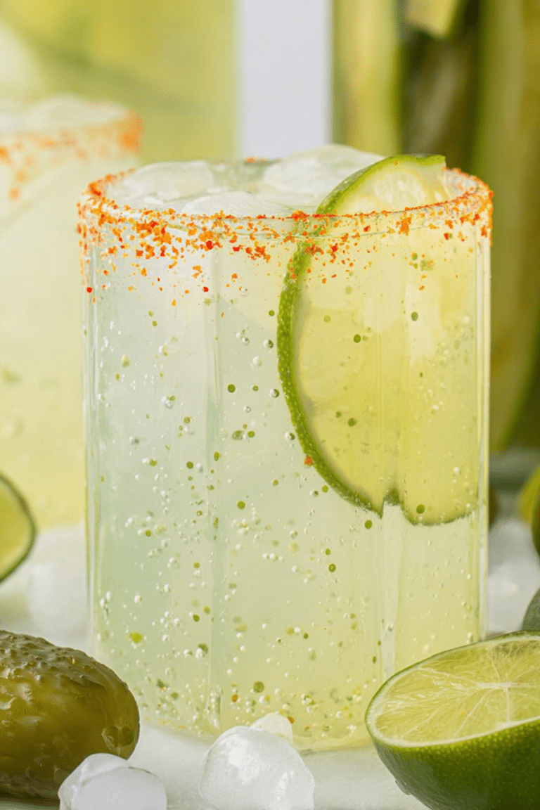 Close-up of a dill pickle margarita cocktail garnished with Tajín and a pickle spear on a wooden table.