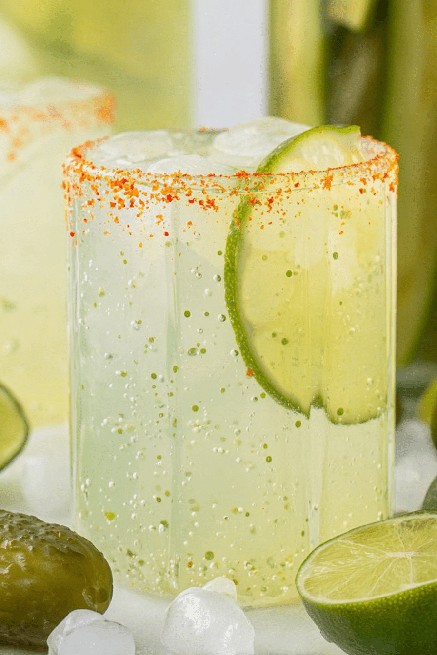 Close-up of a dill pickle margarita cocktail garnished with Tajín and a pickle spear on a wooden table.