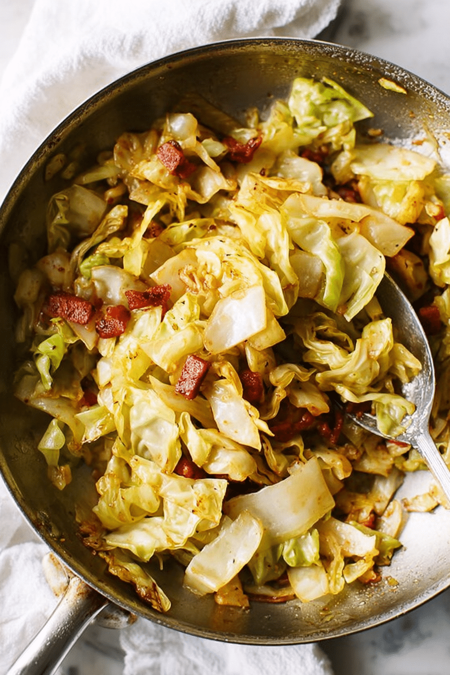 Close-up of skillet with easy fried cabbage, bacon, and onions sautéed to perfection.