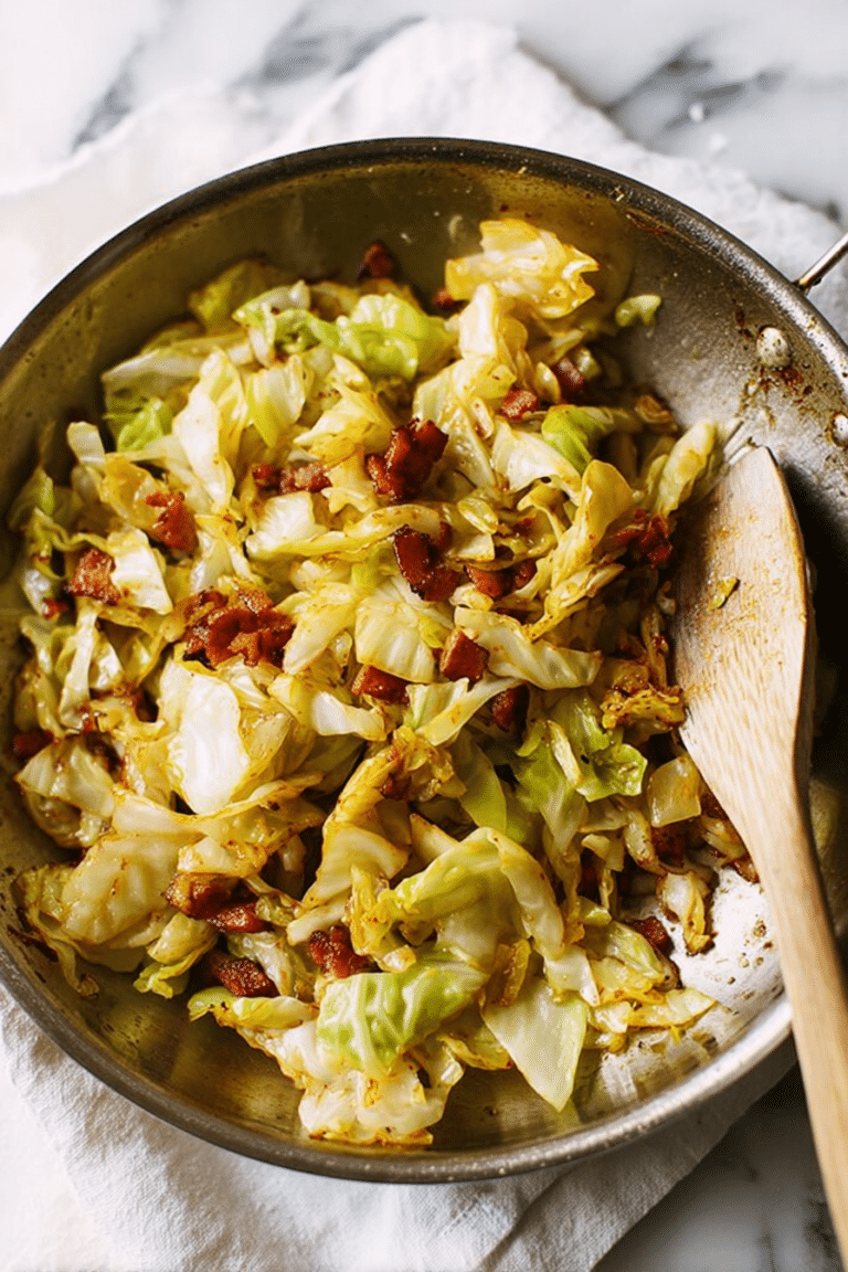 Skillet of easy fried cabbage with bacon and spices, showcasing a delicious side dish.