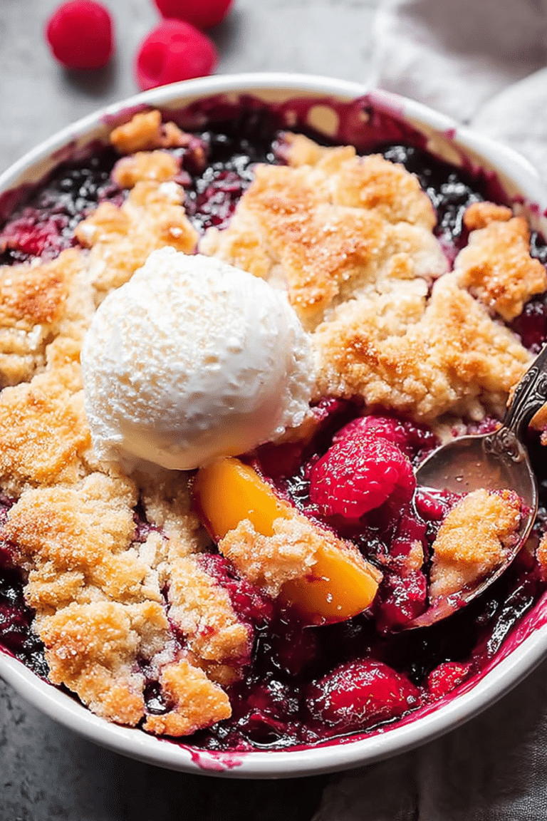 Close-up of Easy Peach and Raspberry Cobbler with a golden topping and juicy filling in a rustic baking dish.