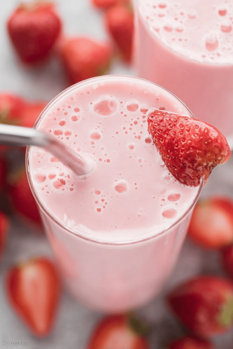 Energizing easy strawberry smoothie served in a glass with fresh strawberries and mint, perfect for a healthy snack.