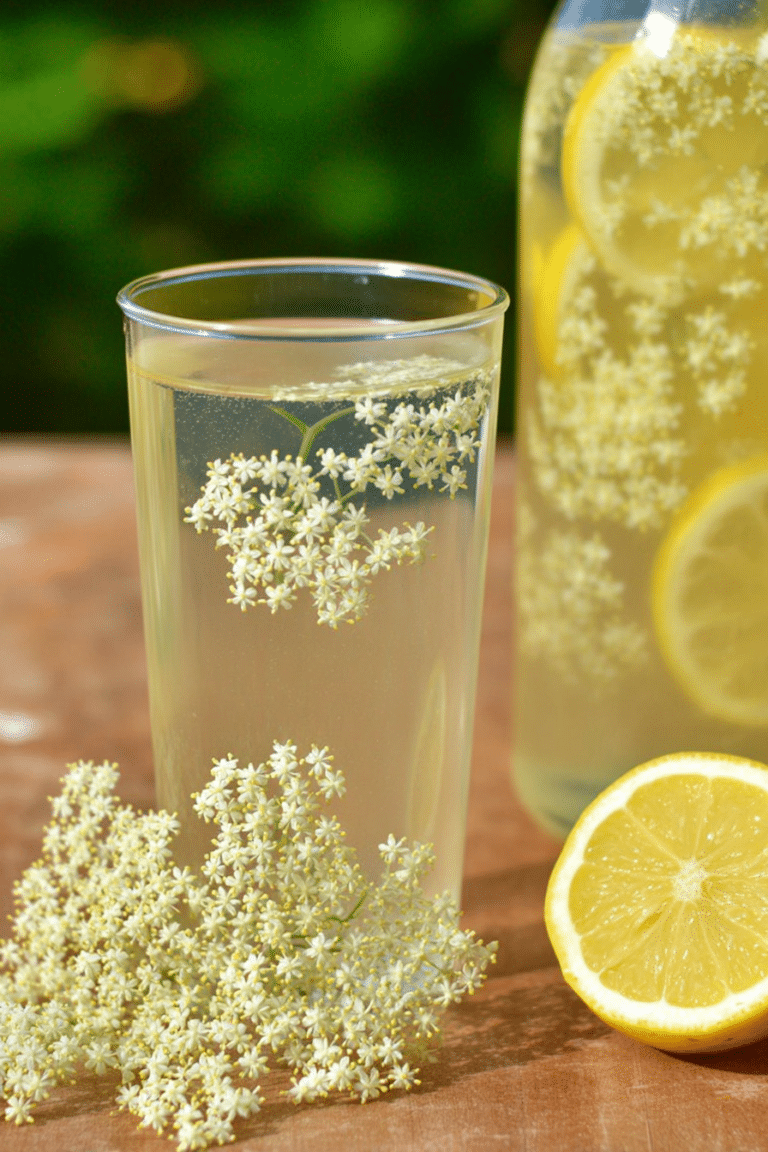 A glass of homemade elderflower cordial garnished with lemon slices and elderflowers, perfect for summer refreshment.