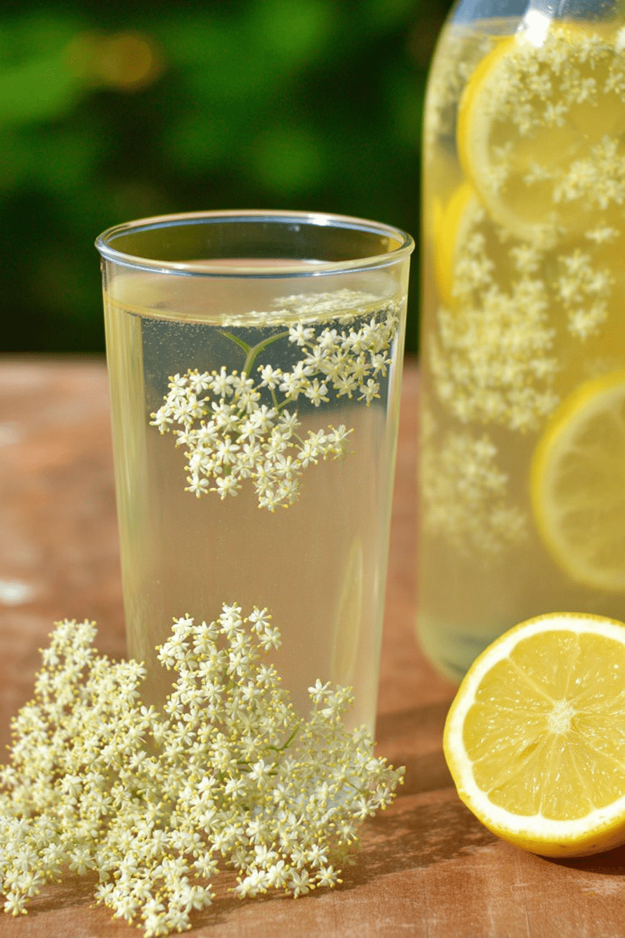 A glass of homemade elderflower cordial garnished with lemon slices and elderflowers, perfect for summer refreshment.